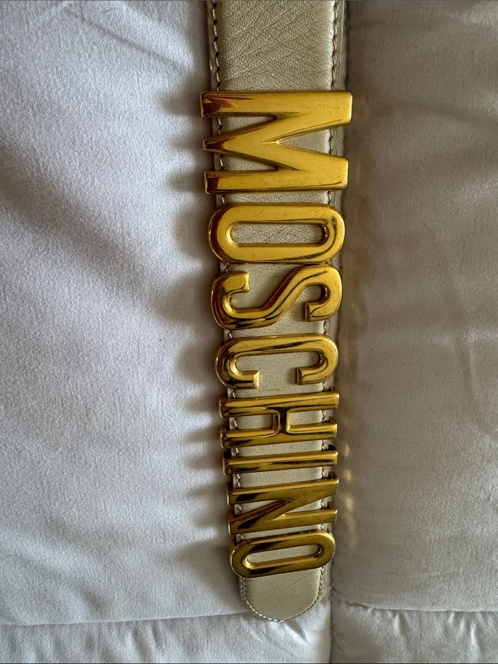 Authentic Moschino Beige Leather Belt with Large Gold Logo Letters